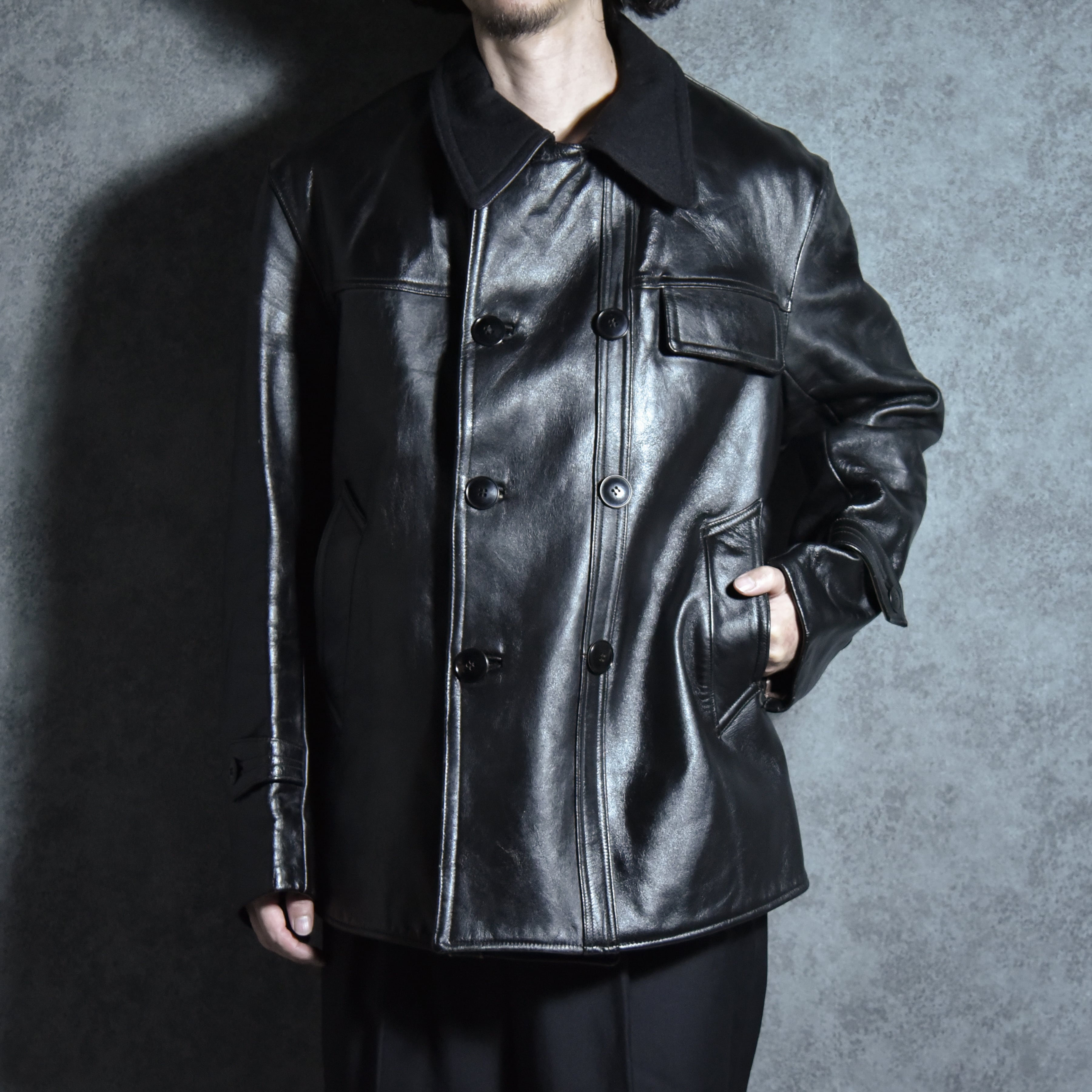 60-70s Le Corbusier Leather Double Breasted Wool Collar Jacket ル