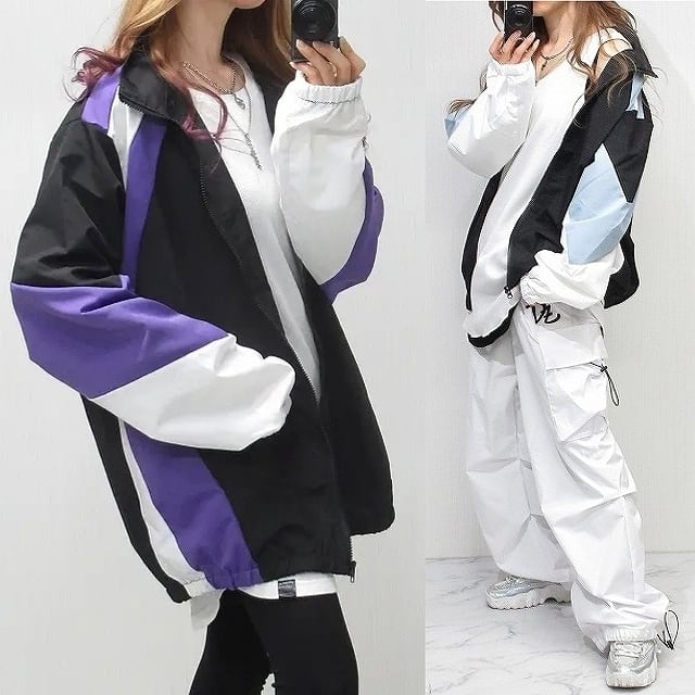 配色切替 ハイネックZIP シャカシャカ ジャンパー ブルゾン ジャケット