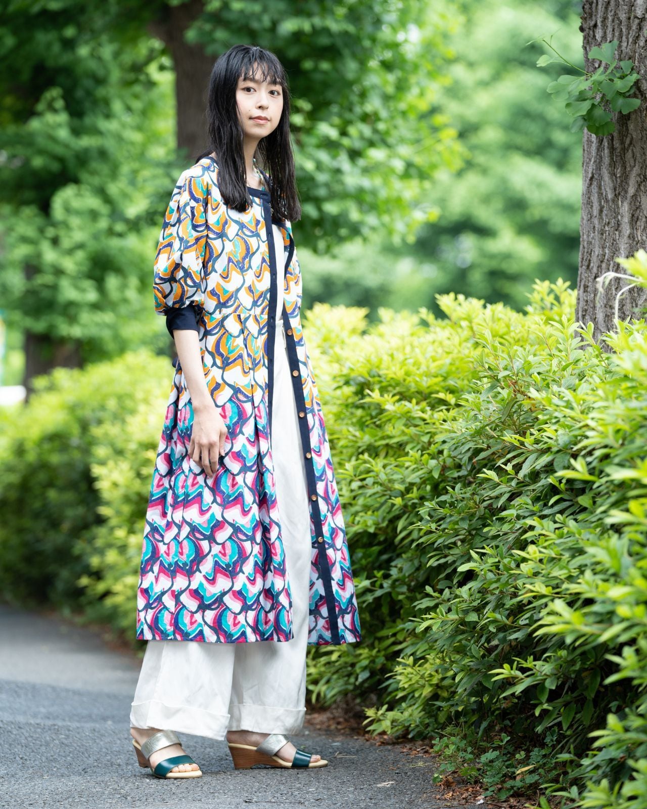 シャツワンピース パステル オレンジ×ブルー×ピンク（日本縫製