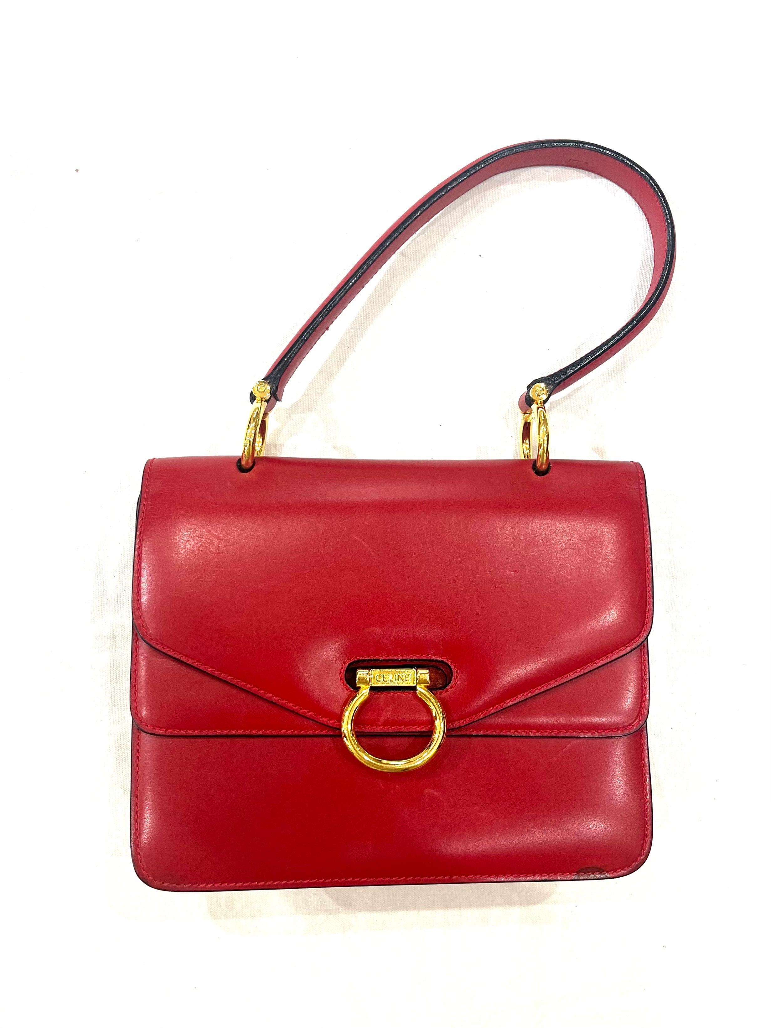 CELINE】セリーヌヴィンテージ二重蓋 Wフラップ レザーハンドバッグ 赤