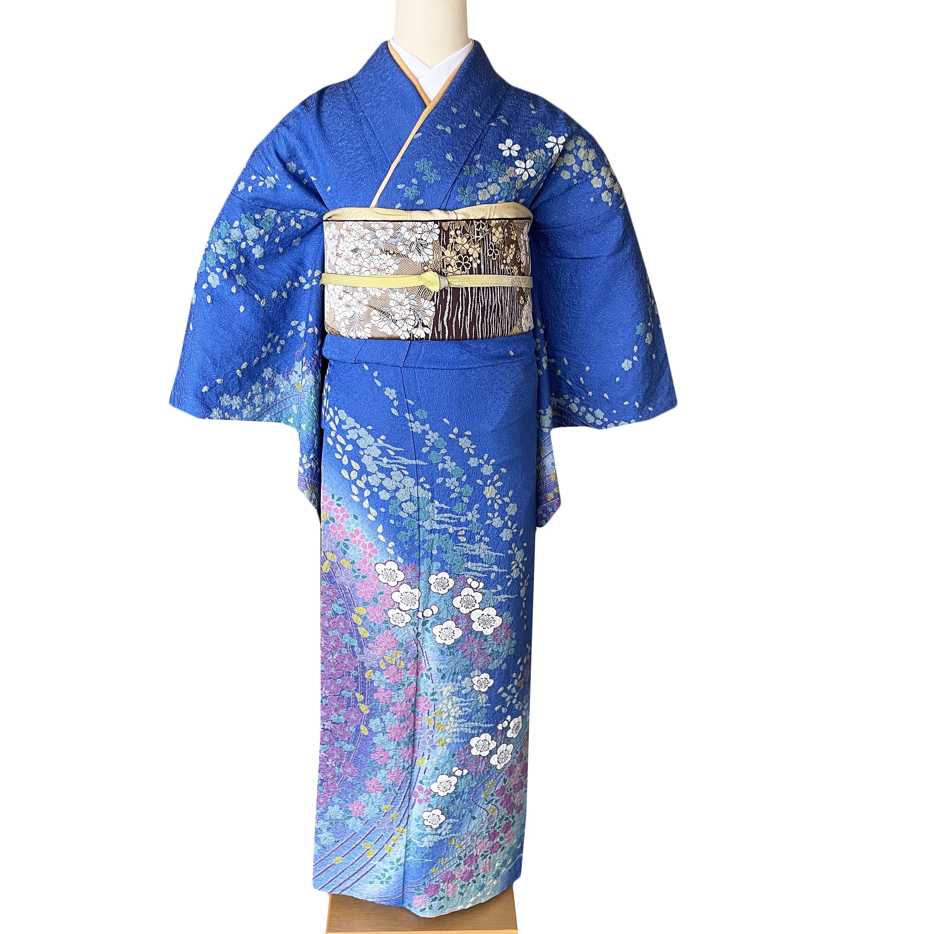 hu4】訪問着レンタル□ラメ感のある華やかな青地にやさしい色合いの梅