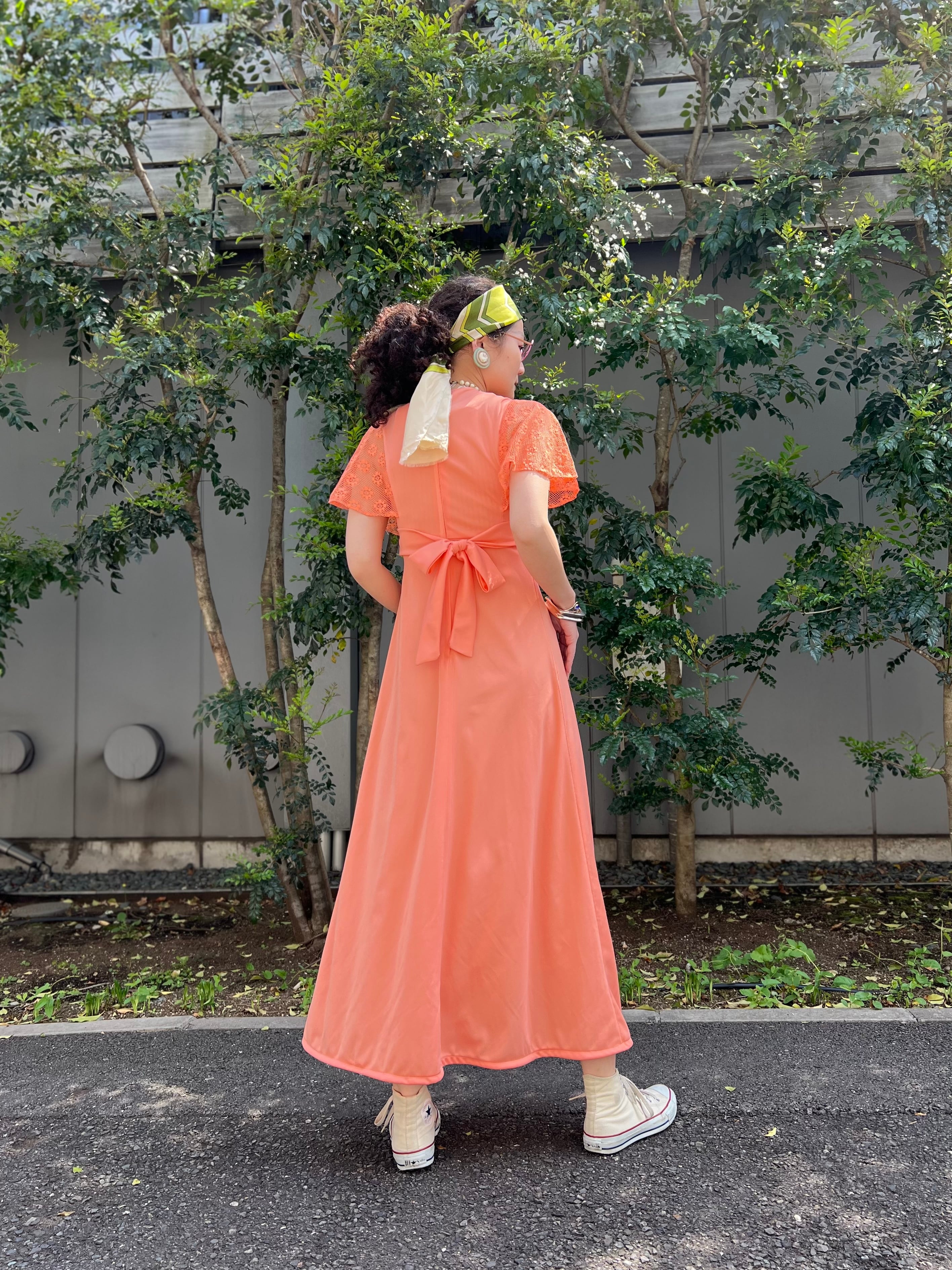 70s salmon pink × floral mesh poly dress ( ヴィンテージ サーモン