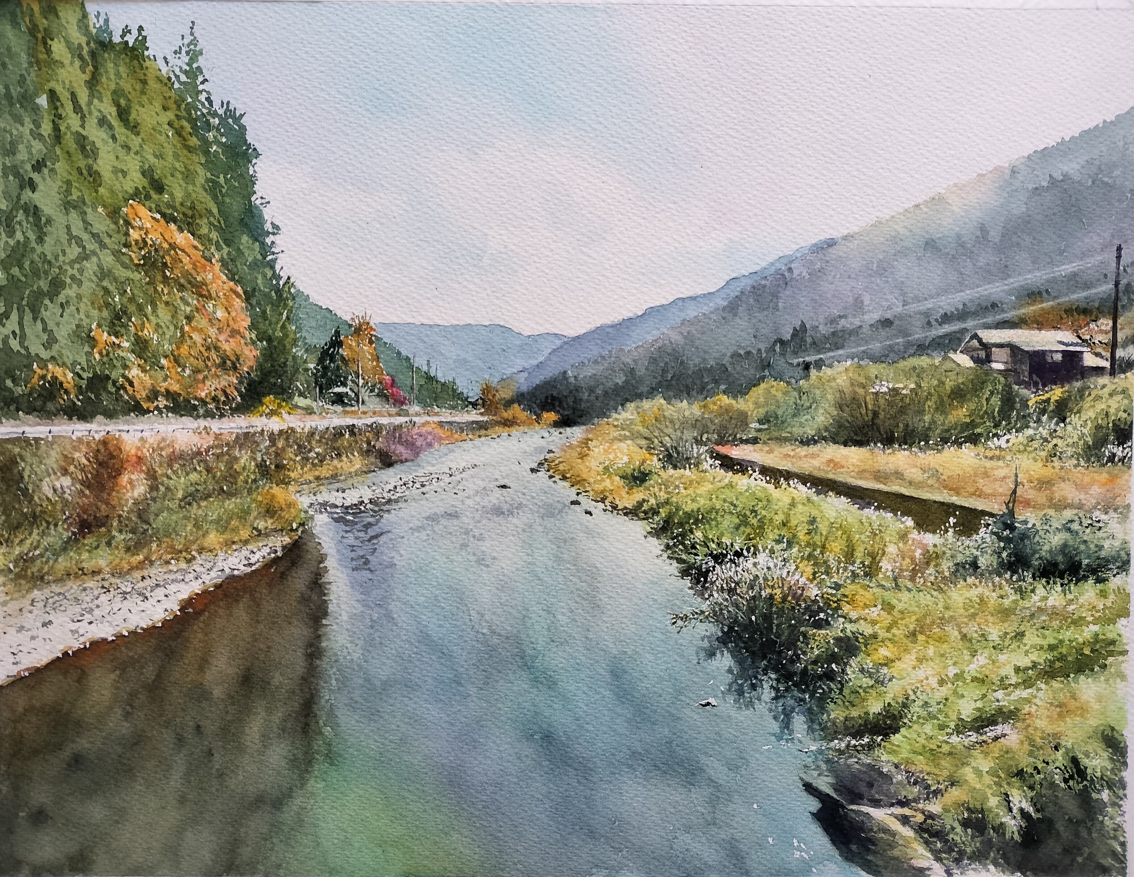 水彩画 風景画 画題「晩秋の川を照らす」 | yamakasumi56