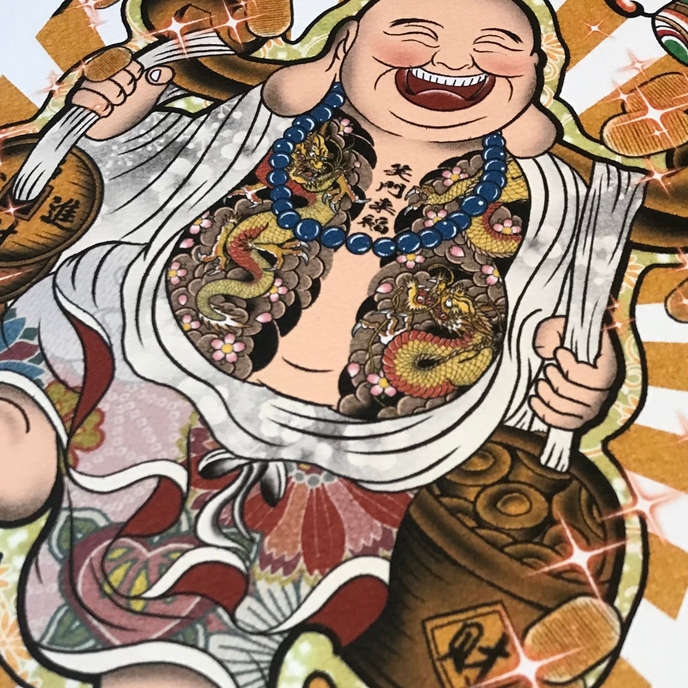 尾九 刺青画 七福神 布袋さま 双龍 笑門来福 A3サイズ フレーム付き