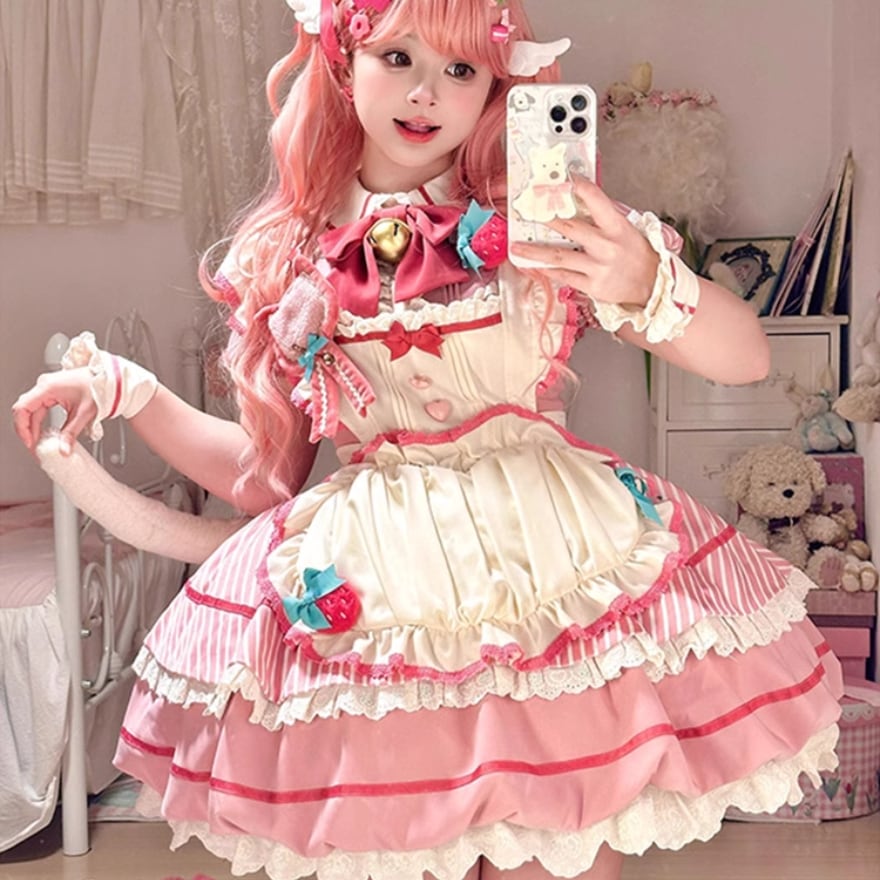 ゆめかわいい 甘ロリ ワンピース ストライプ柄 メイドワンピ イベント