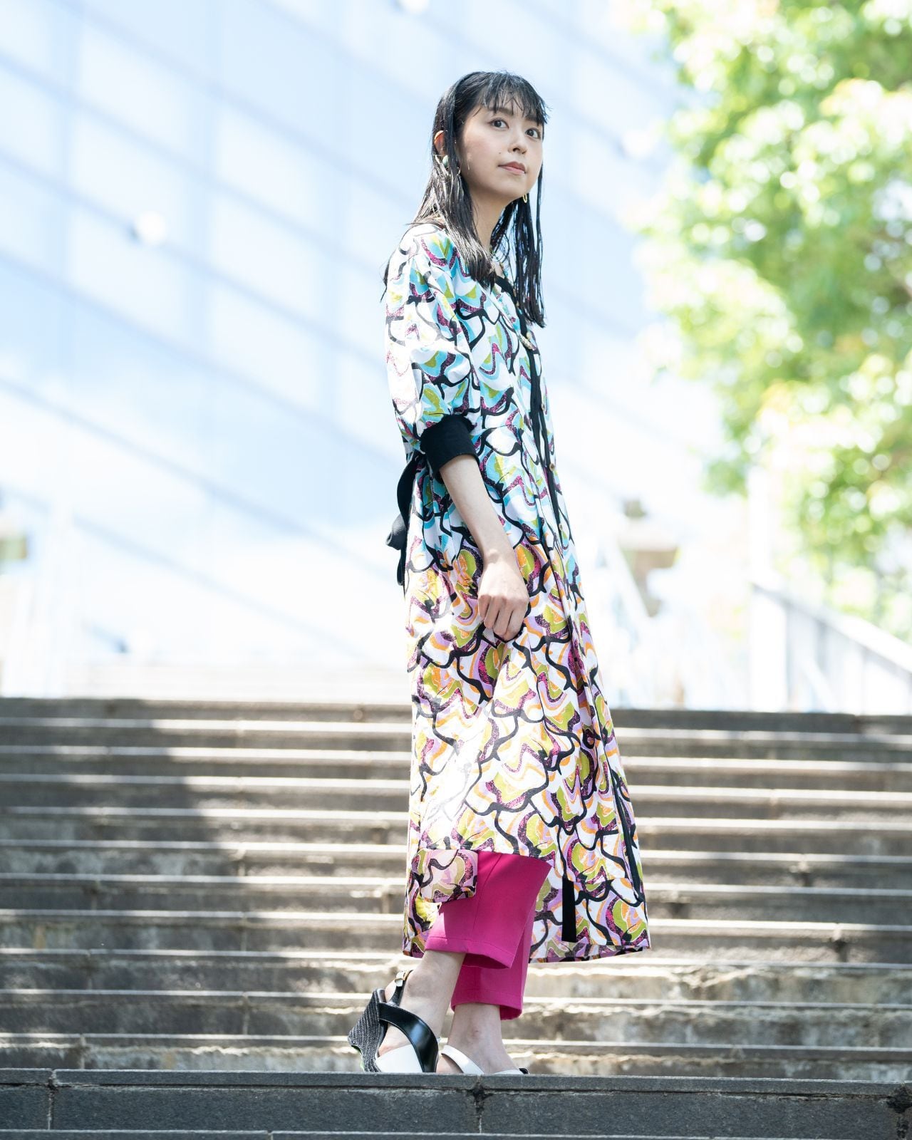 シャツワンピース パステル ブルー×パープル×グリーン（日本縫製