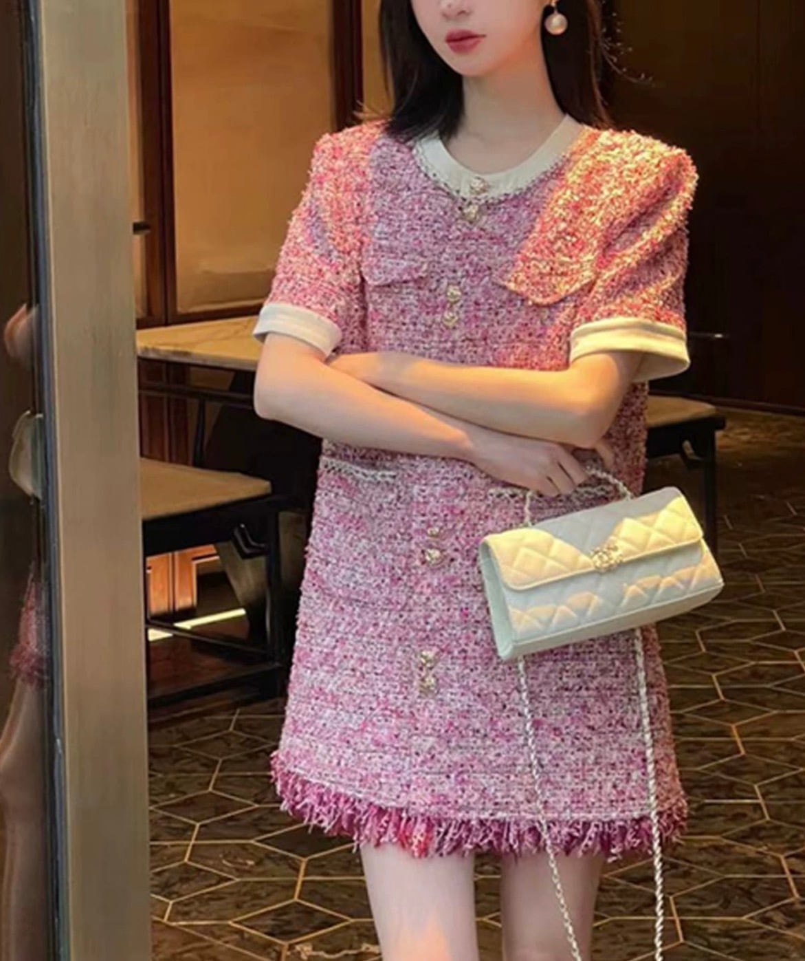 エレガントピンクフリンジツイードワンピース | sharmant