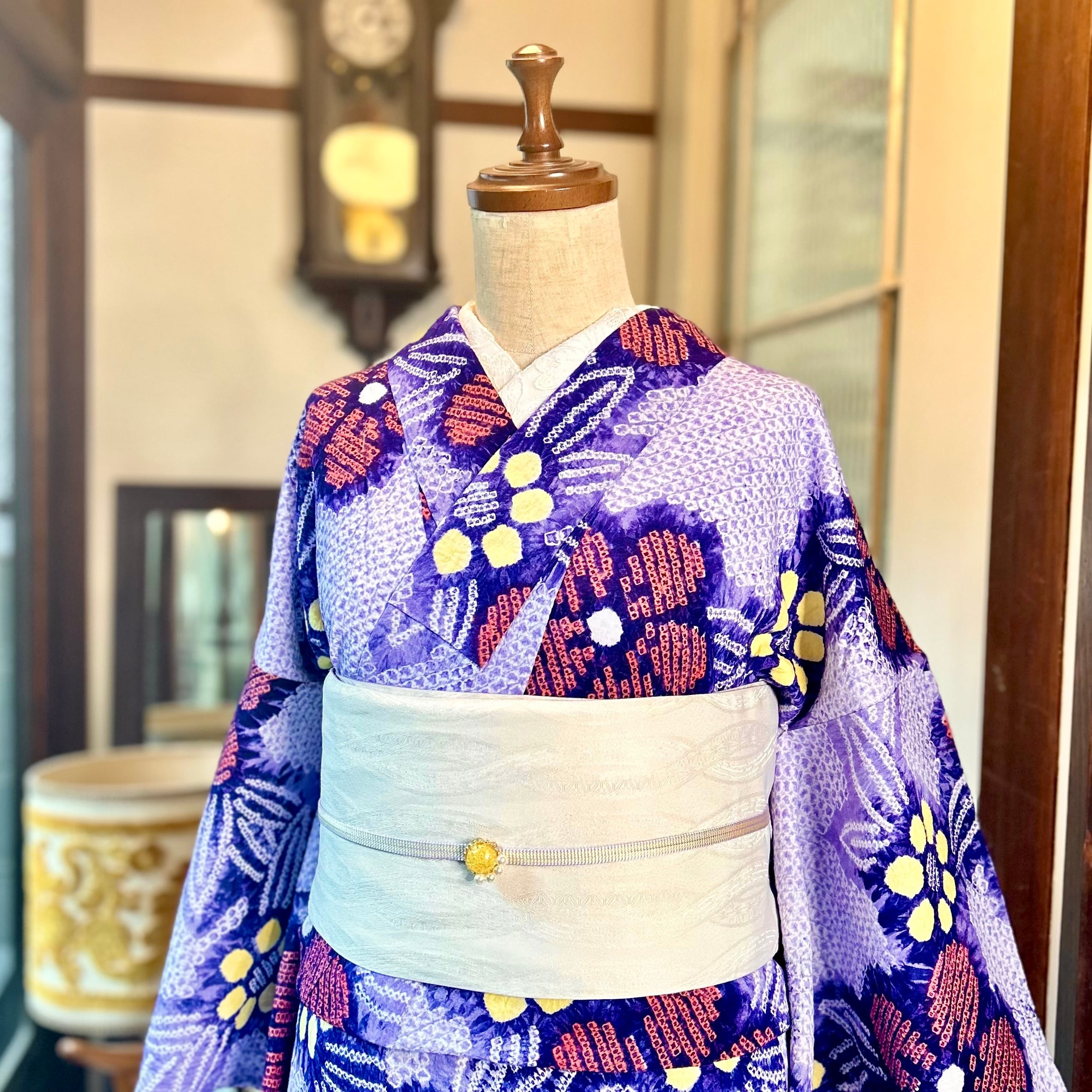藤色の花園＊有松鳴海絞り浴衣 花 紫 赤 黄 A689 | kimono tento