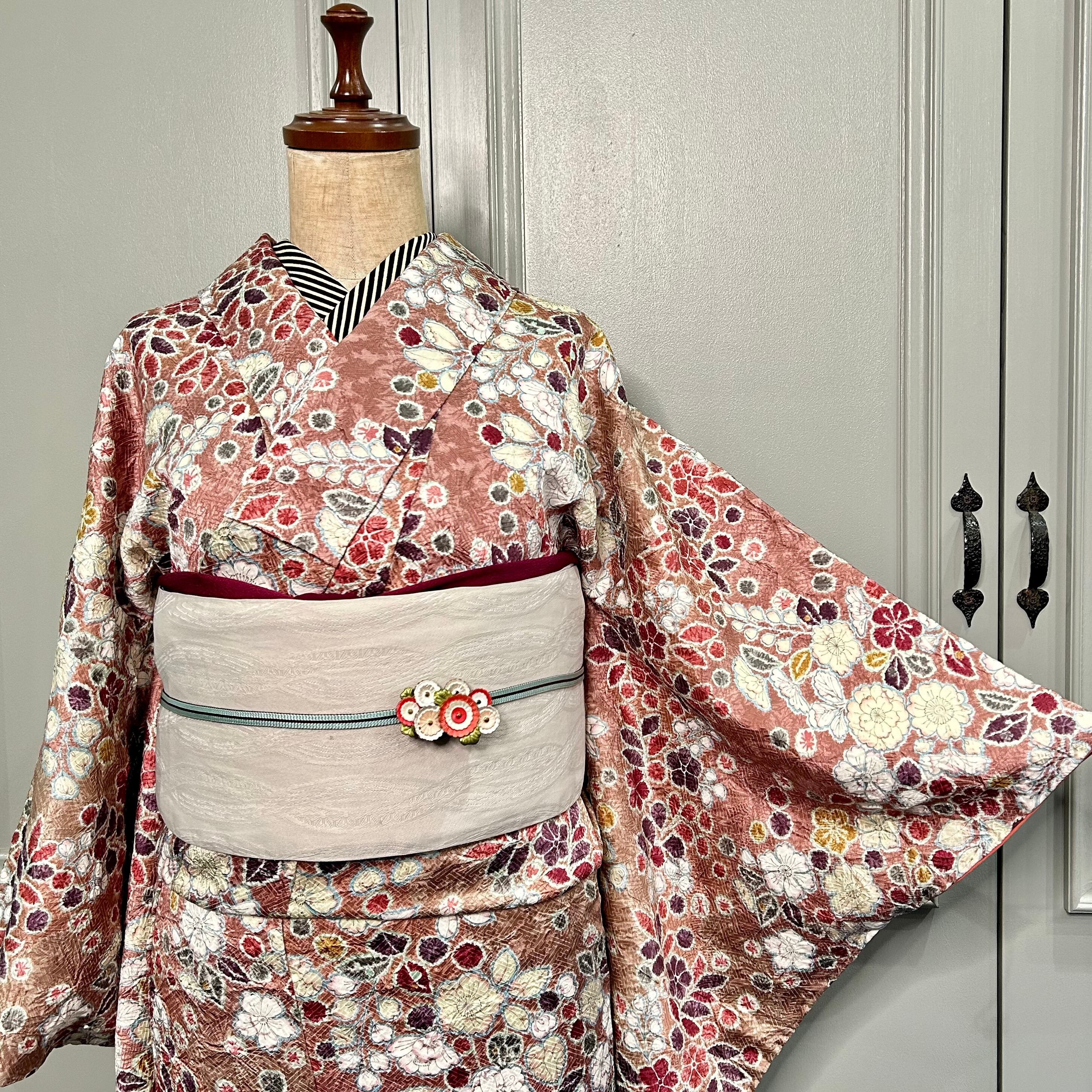 long＊calm flowers＊辻が花 総柄 華やか 梅鼠 リサイクル小紋着物