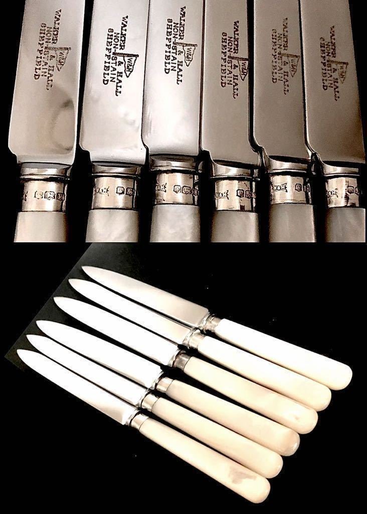 英国アンティーク 白蝶貝 純銀&ステンレス フルーツナイフ&フォーク