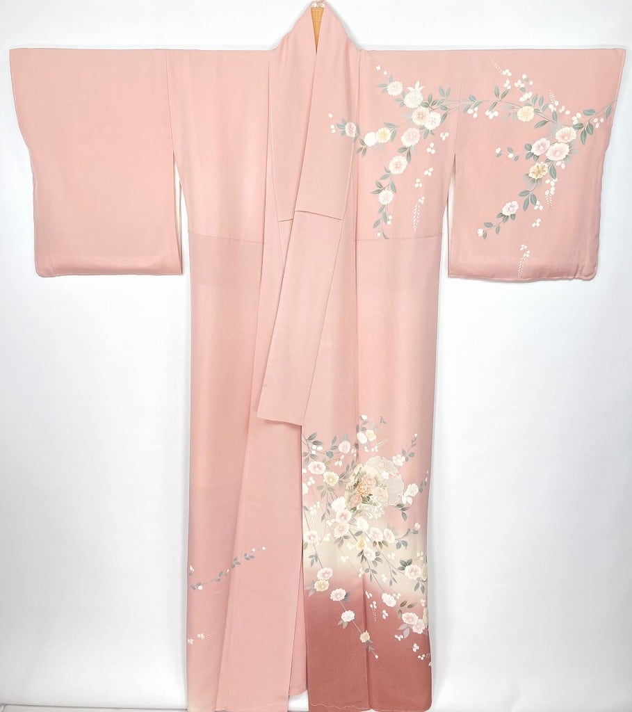 未使用 京友禅 金駒刺繍 雪輪 花柄 金彩 訪問着 正絹 ピンク 黄色 聴色