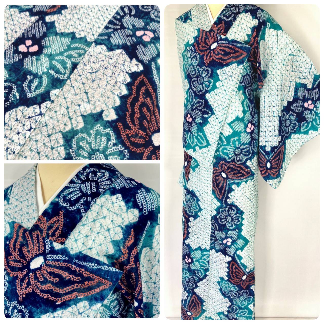 有松絞り【浴衣】未使用 蝶 綿 夏着物 青 赤 黄 ブルー 瑠璃色 101