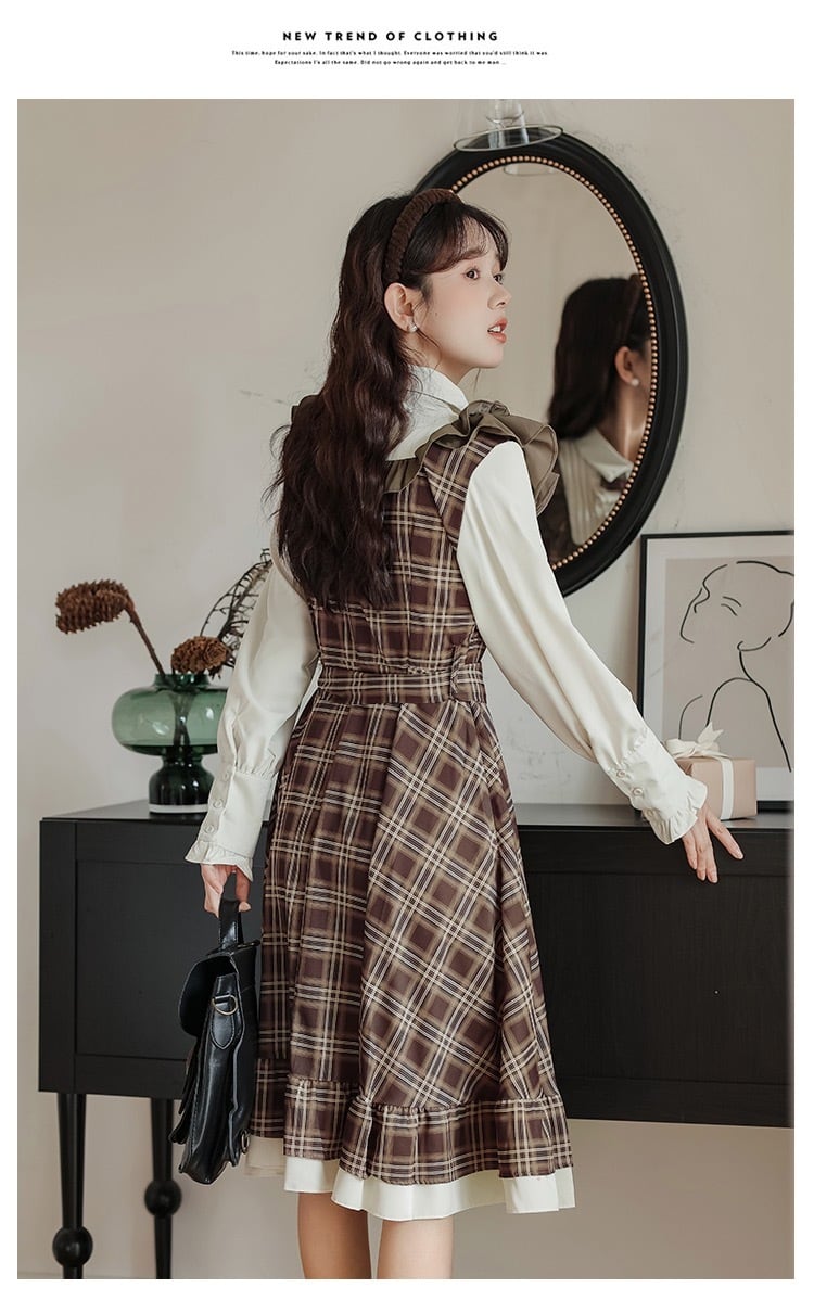 国内発送 d323 】フェイクレイヤード ワンピース ガーリー チェック柄