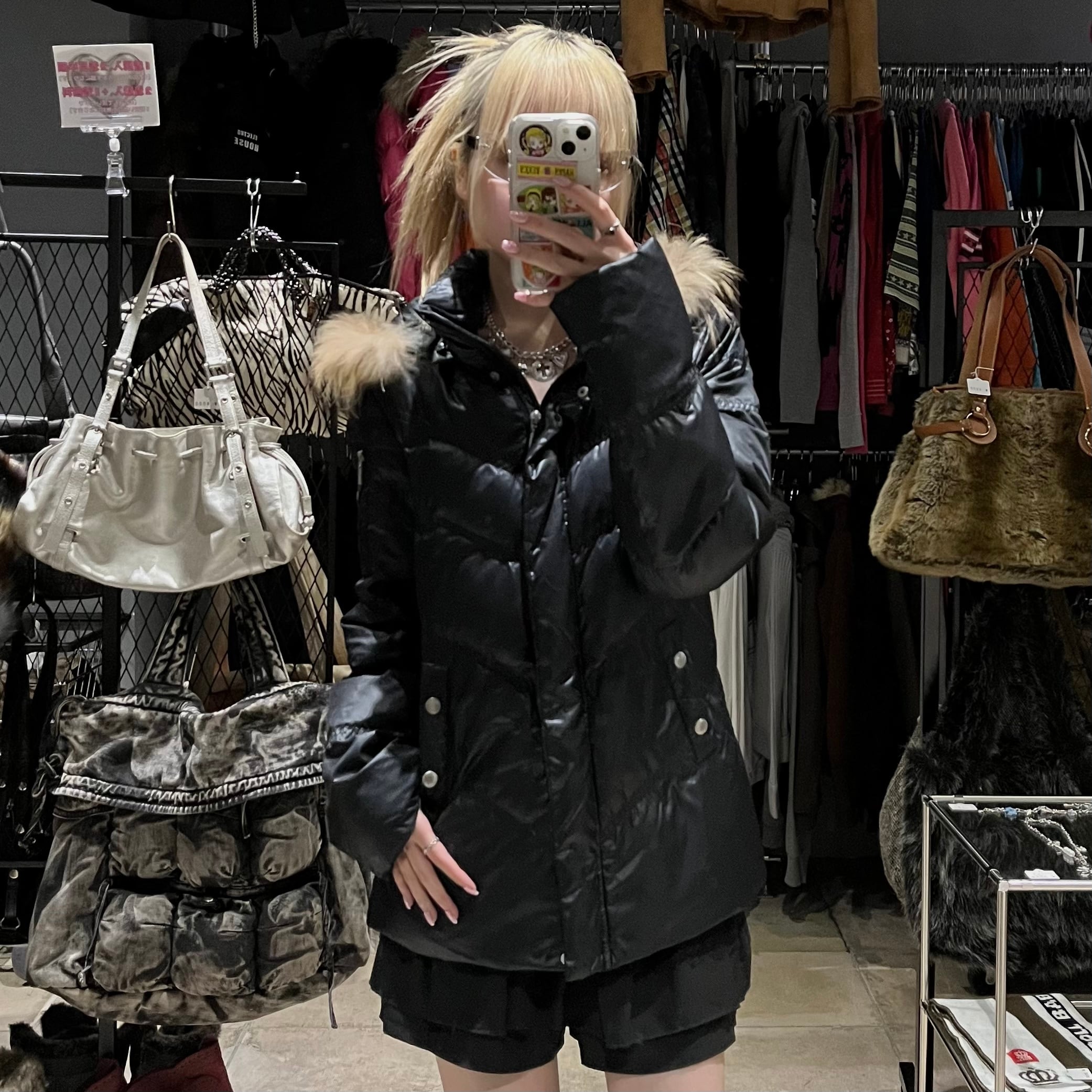 Y2K ファーダウンジャケット グランジ ブラック | 古着屋 PINK