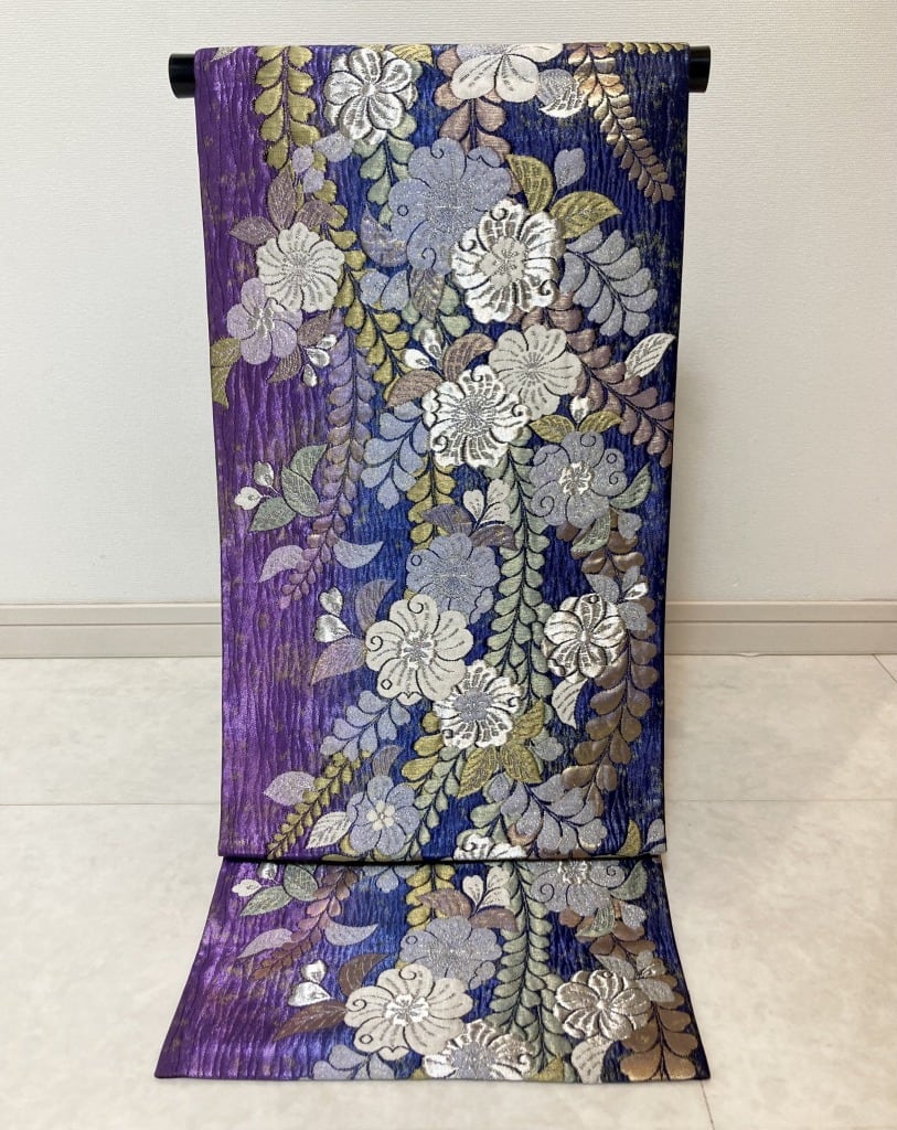 鈴乃屋謹製 辻が花 纐纈 膨れ織り 金糸 銀糸 袋帯 振袖 正絹 紺 紫 650