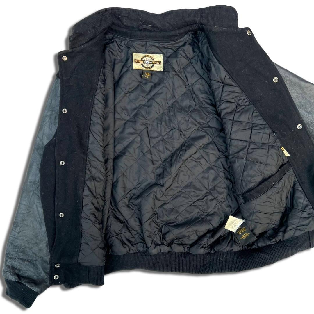90s NORTH END 袖レザー ウールスタジャン XL ブラック×ブラック