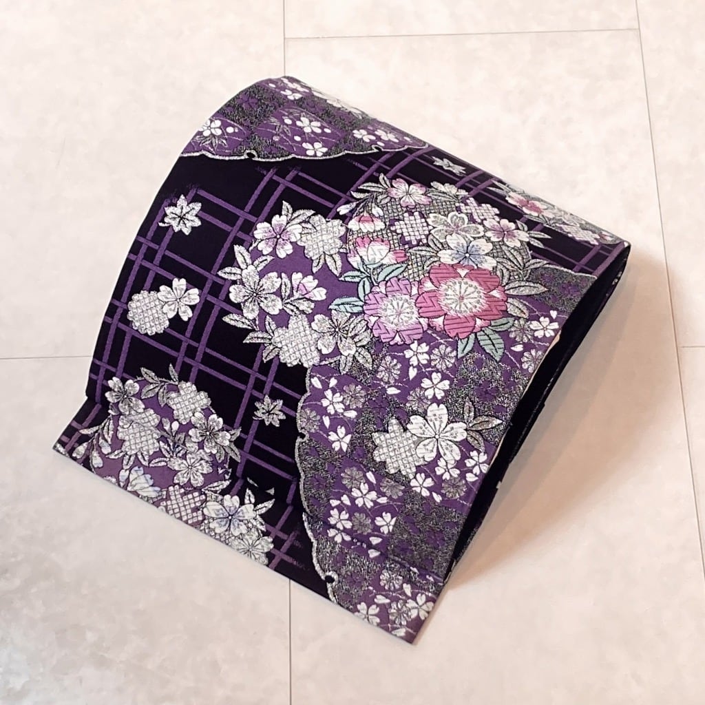 未使用 唐織り桜 雪輪 袋帯 正絹 銀糸 振袖 黒 紫 白 624 | kimono Re