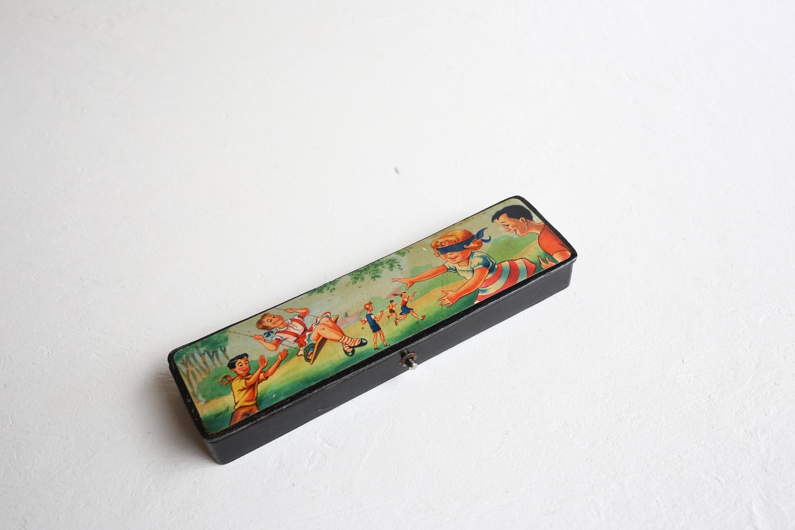 フランス アンティーク パピエマシェ 『遊ぶ子供達が描かれたペン