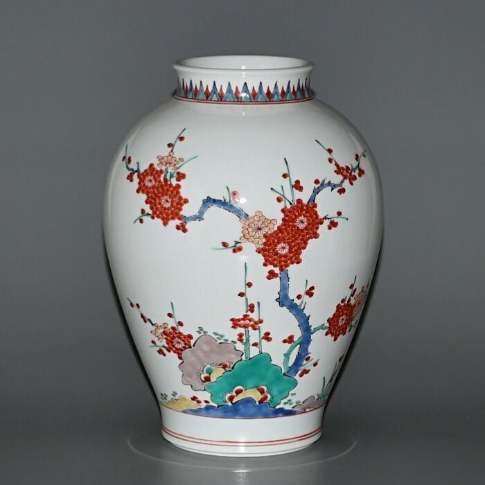 十二代柿右衛門八角形の青赤花柄鉢A415 歴代柿