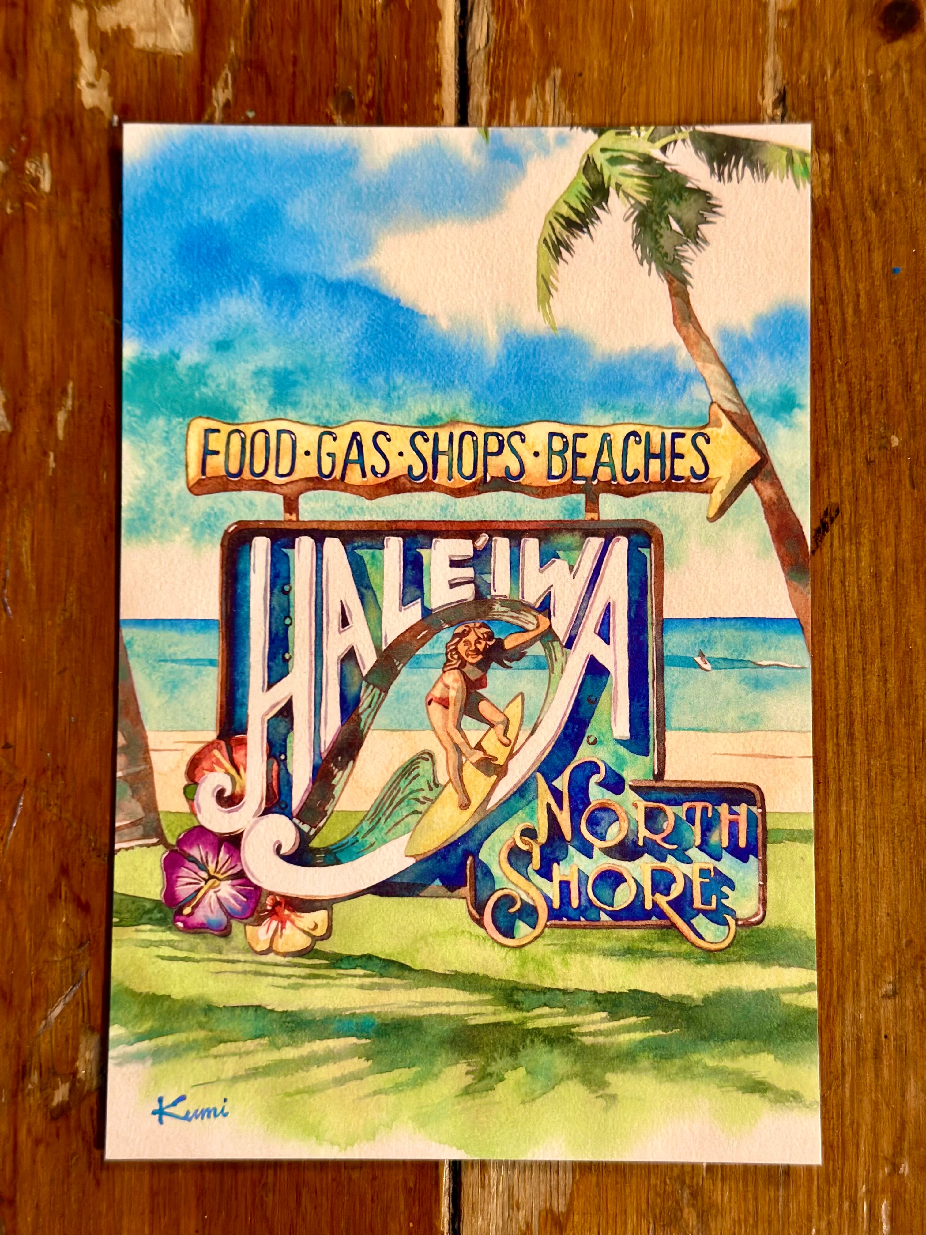 かとうくみポストカード 024ハワイ手帳カバーイラスト HALEIWA看板