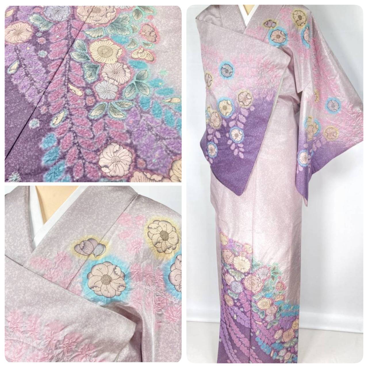 大島紬 辻が花絞り 天目染め 美品 訪問着 本場大島紬 正絹 袷 紫 淡紅