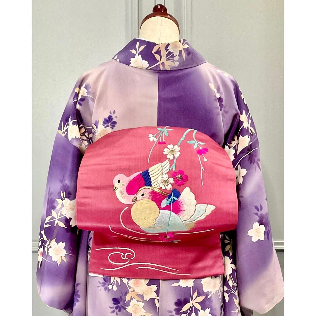 おしどりと枝垂れ桜＊アンティーク名古屋帯 A183 | kimono tento