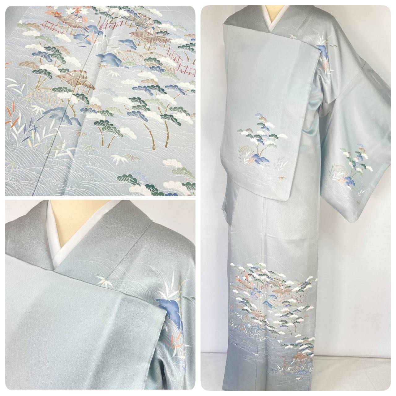 型染め友禅 茶屋辻 松 竹 訪問着 袷 正絹 水色 白 ブルー 1404