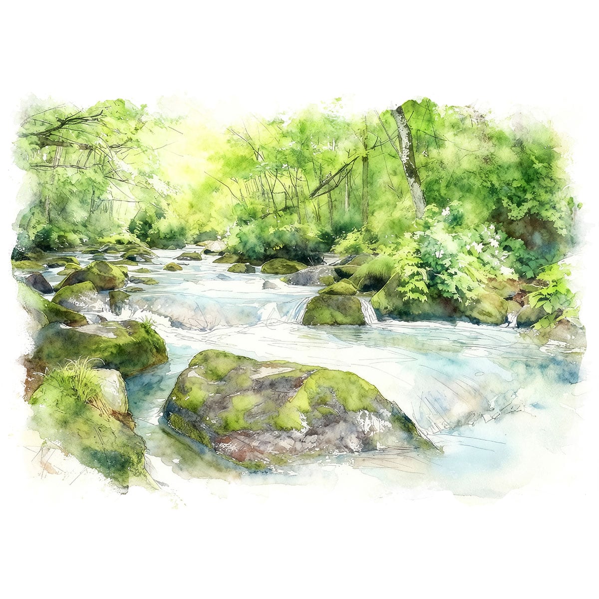 絵画(風景画) 日本 新緑の奥入瀬渓流 インテリアアート額付き 水彩画