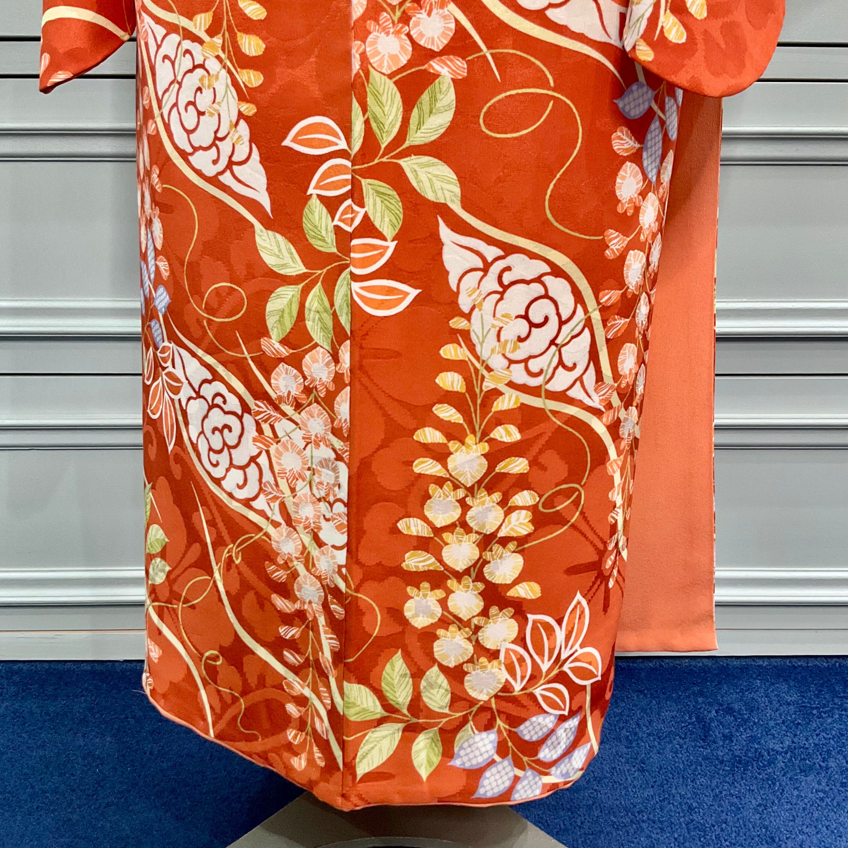 黄昏時の藤棚＊オレンジ 橙 立涌 たてわく 春 花 アンティーク小紋着物