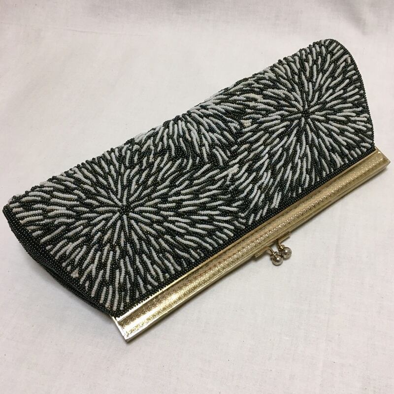 ヴィンテージ ビーズクラッチバッグ グリーン・ホワイト 昭和レトロ