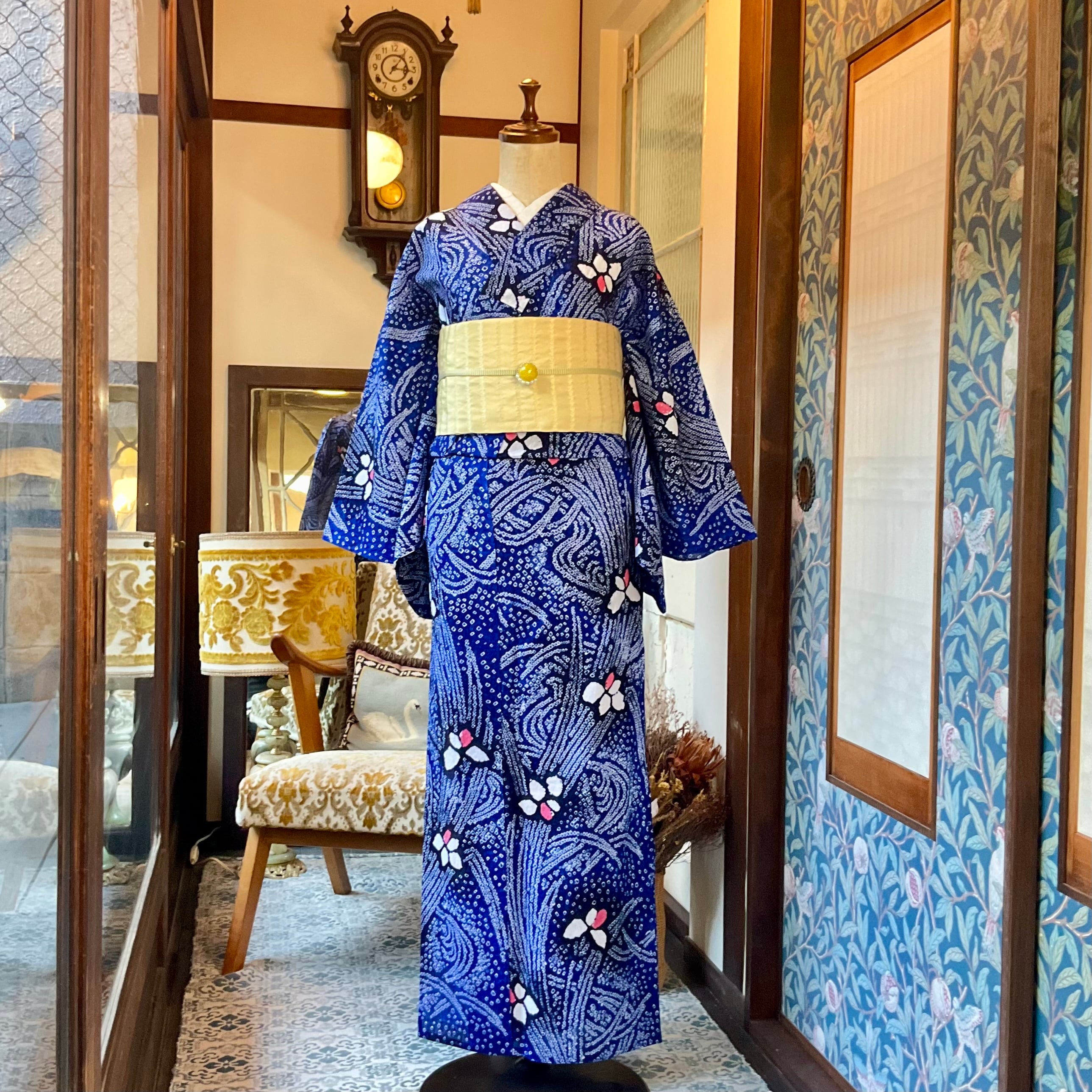long ＊水辺の涼風＊有松鳴海絞り浴衣 花 あやめ ブルー A712 | kimono