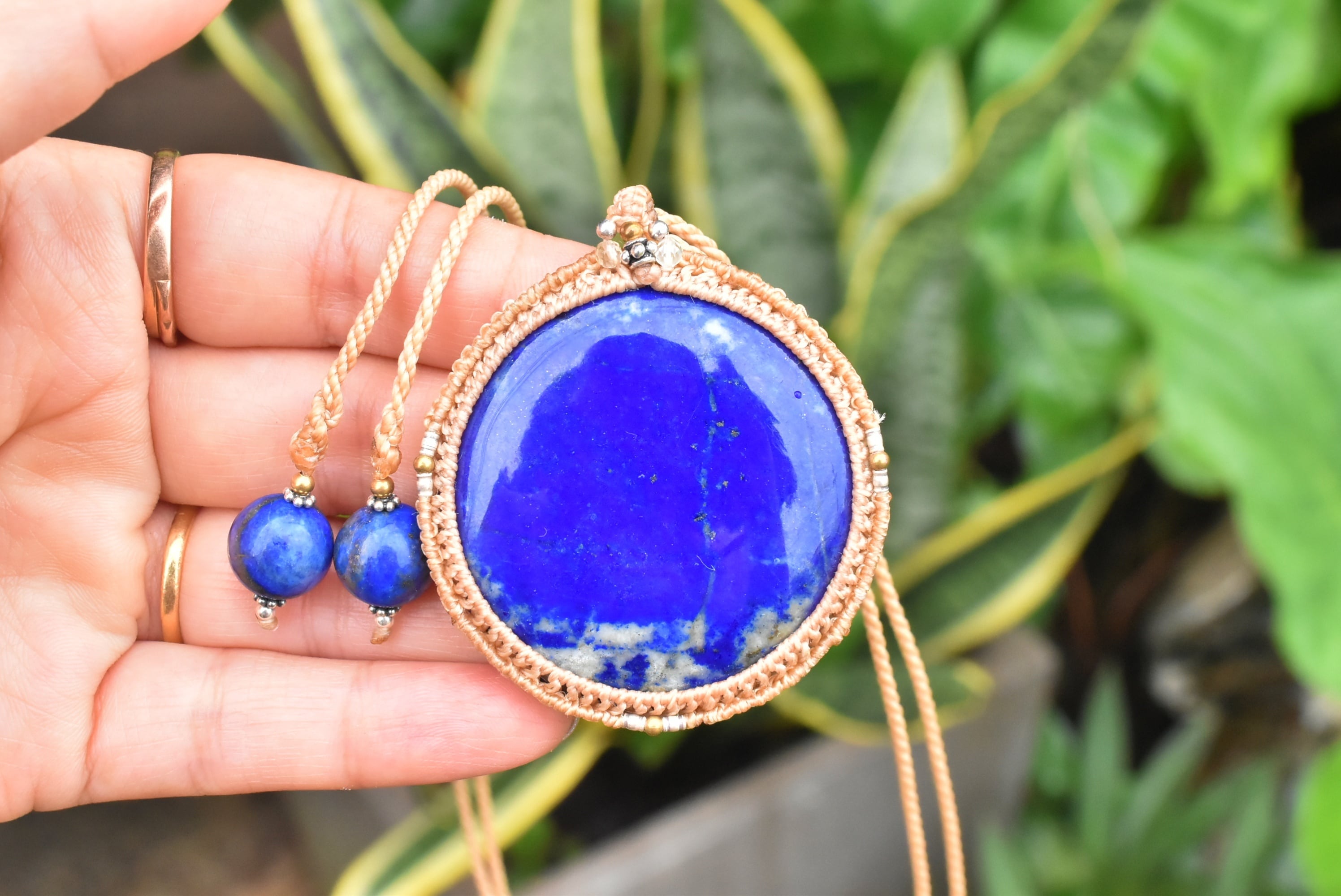 特大☆チリ産☆ラピスラズリ マクラメペンダントネックレス1265