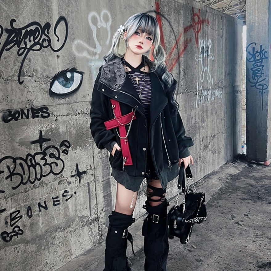 SEASONZ 地雷系 パンク ストリート系 フーディ ジャケット クロス 十字