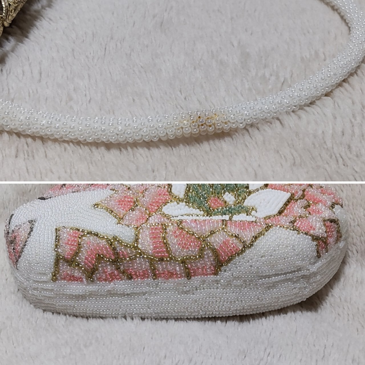 ビーズバッグ ハンドバッグ 和装 総ビーズ 白 ピンク 花柄 がま口 | Pay ID