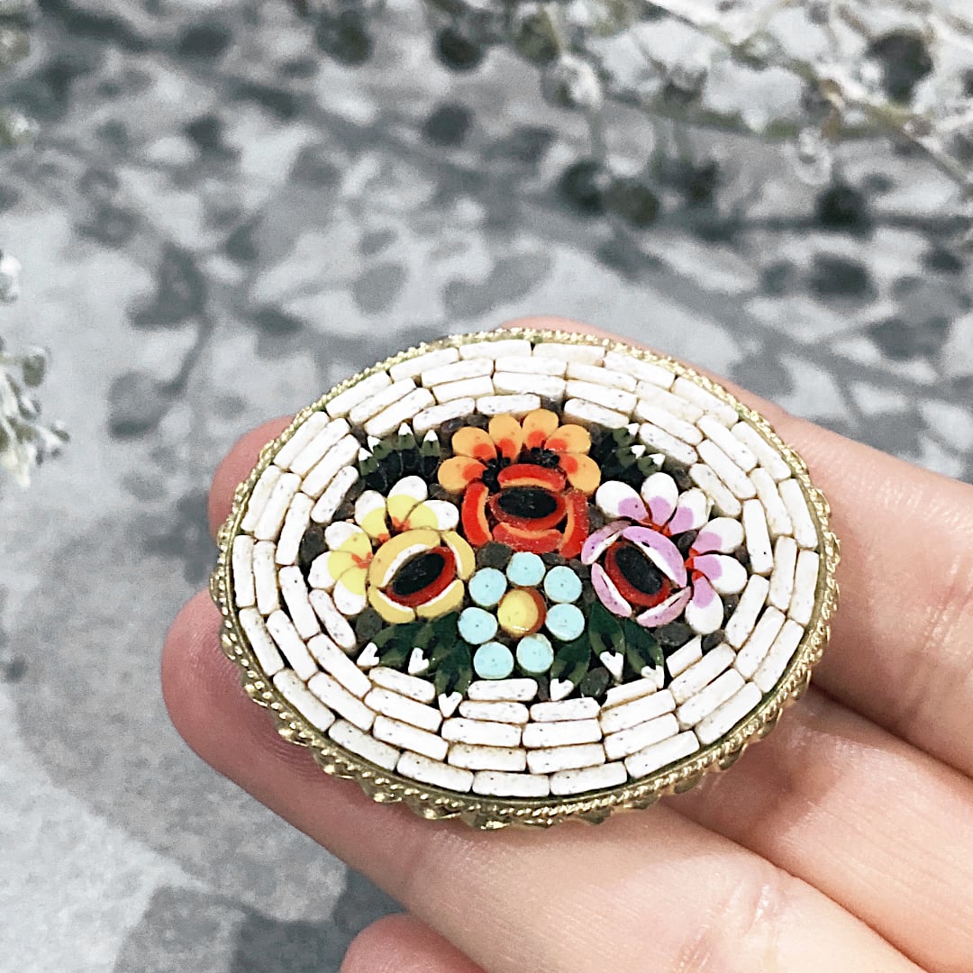 ヴィンテージ イタリア製 マイクロモザイク ブローチ フラワー 花