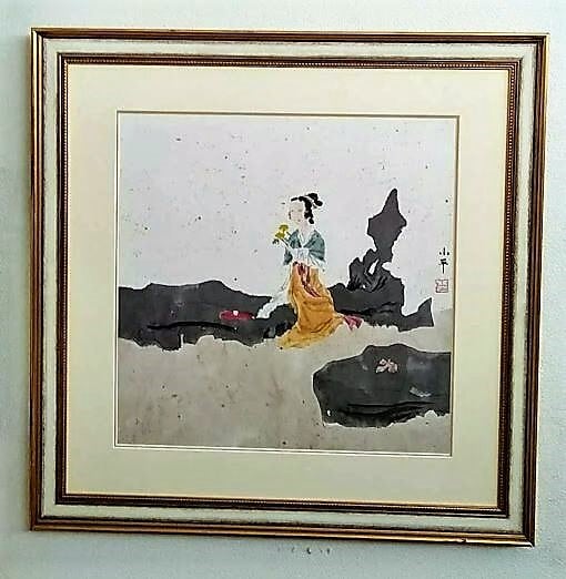 小平「山水人」水墨画 額縁外寸74.5x74.5x3.0㎝ 内寸サイズ65.8x65.8