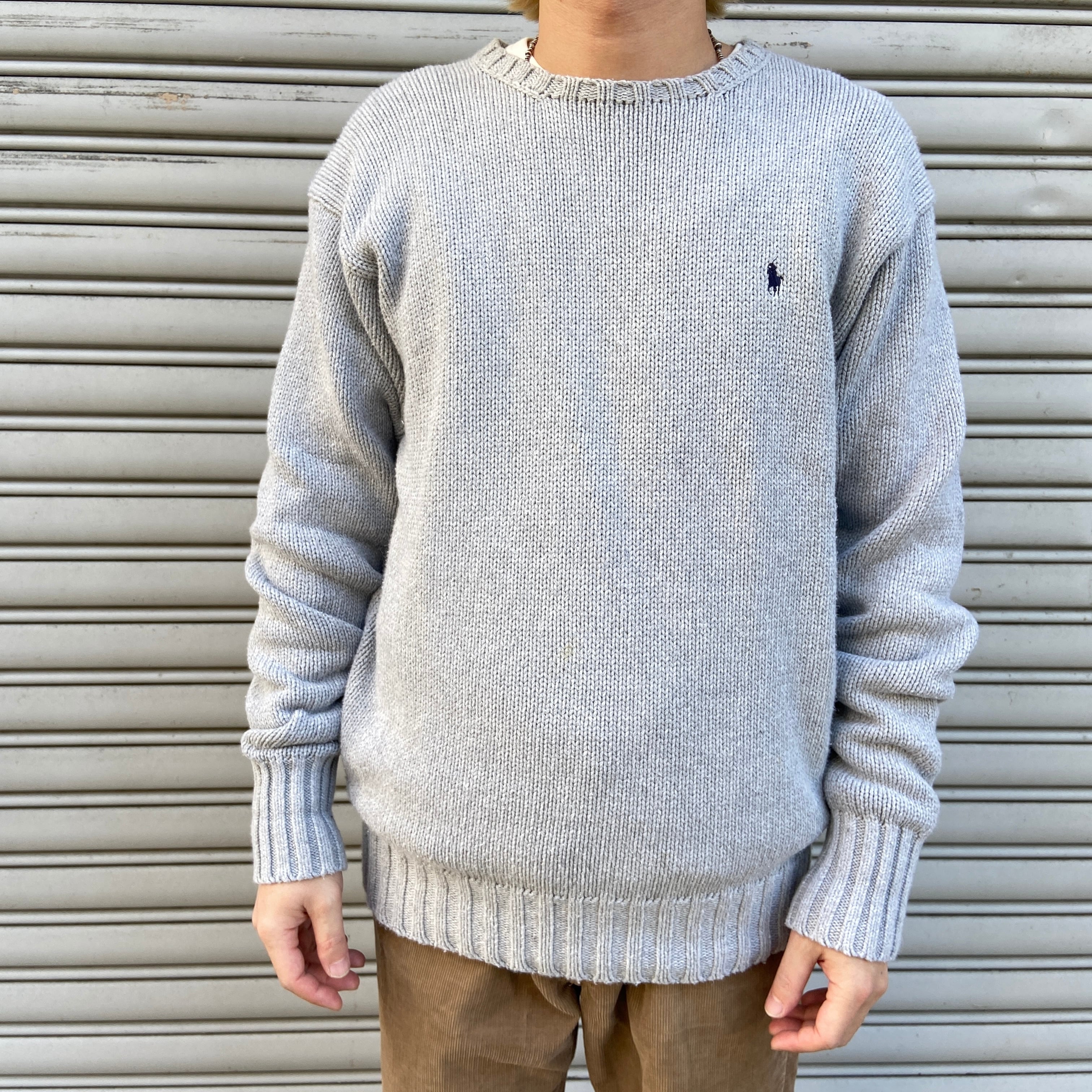 90s ラルフローレン ワンポイントロゴコットンニット セーター グレー