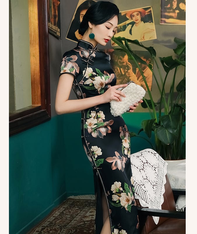 高級品・シルク】 ロング丈チャイナドレス チャイナ風ワンピース