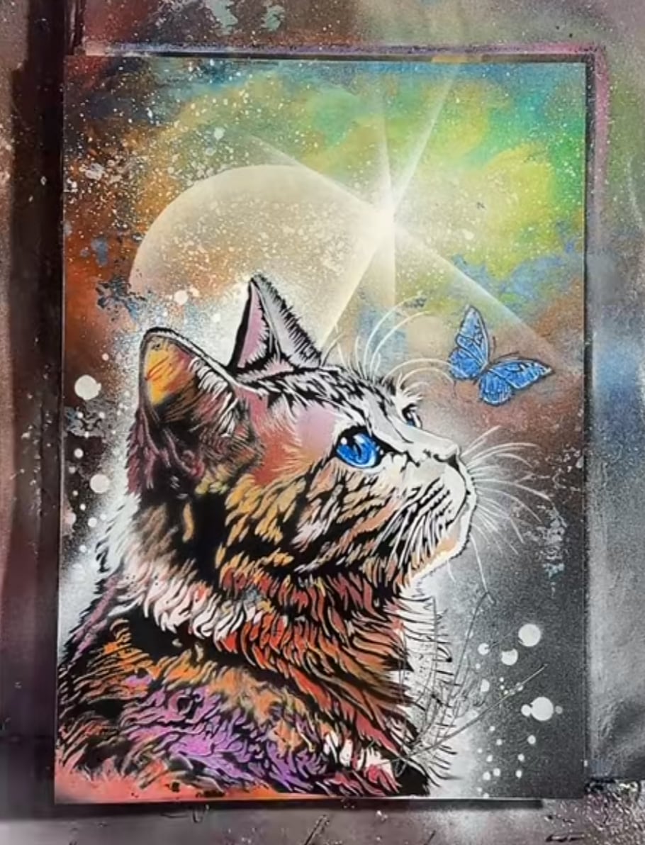 スプレーアートエデン、紙原画ネコ ミラー 大(白)】20446B. ムラサキ猫