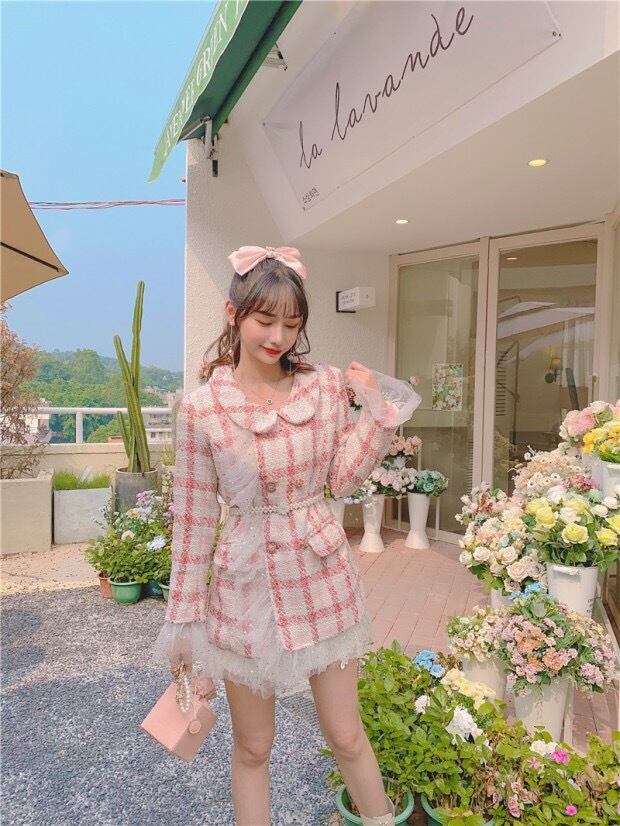 ピンク ツイード ジャケット チェック ガーリー 姫 可愛い