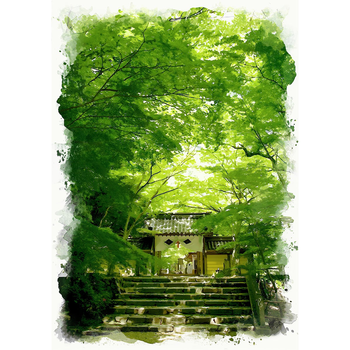 油彩画 自然風景 緑色系 木製フレーム 水彩画 風景画 新緑 皐月 若葉