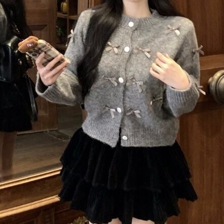 リボン付きグレーニットカーディガン | mignon ange(セレクトショップ