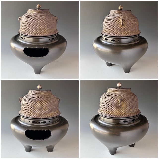 茶道具 唐銅 砂張銅 朝鮮風炉 南鐐摘み 霰地紋釜添 佐藤旺光 共箱 山形