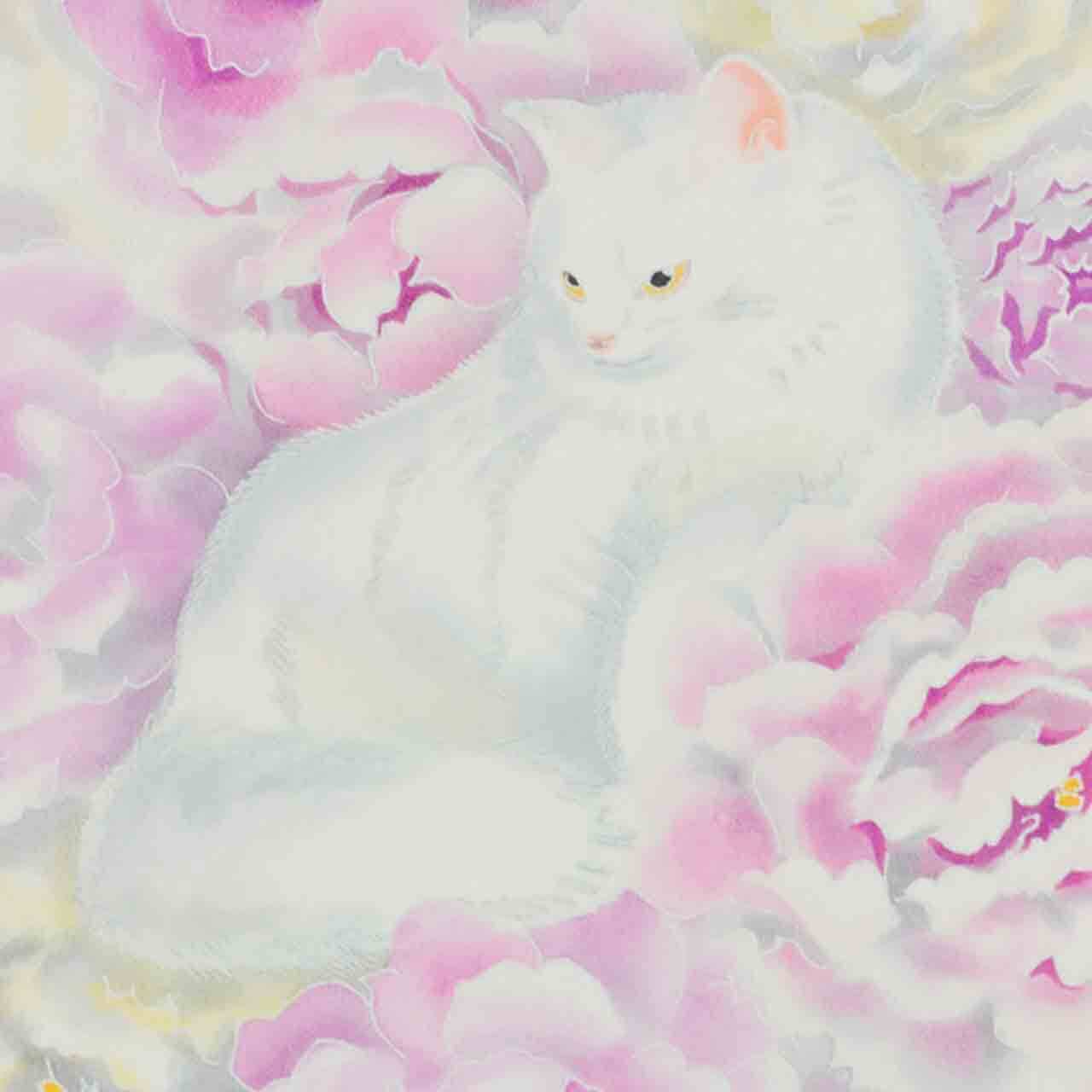 加賀友禅掛軸 彩四季 猫に牡丹（中・縦）山田武志 | 加賀友禅