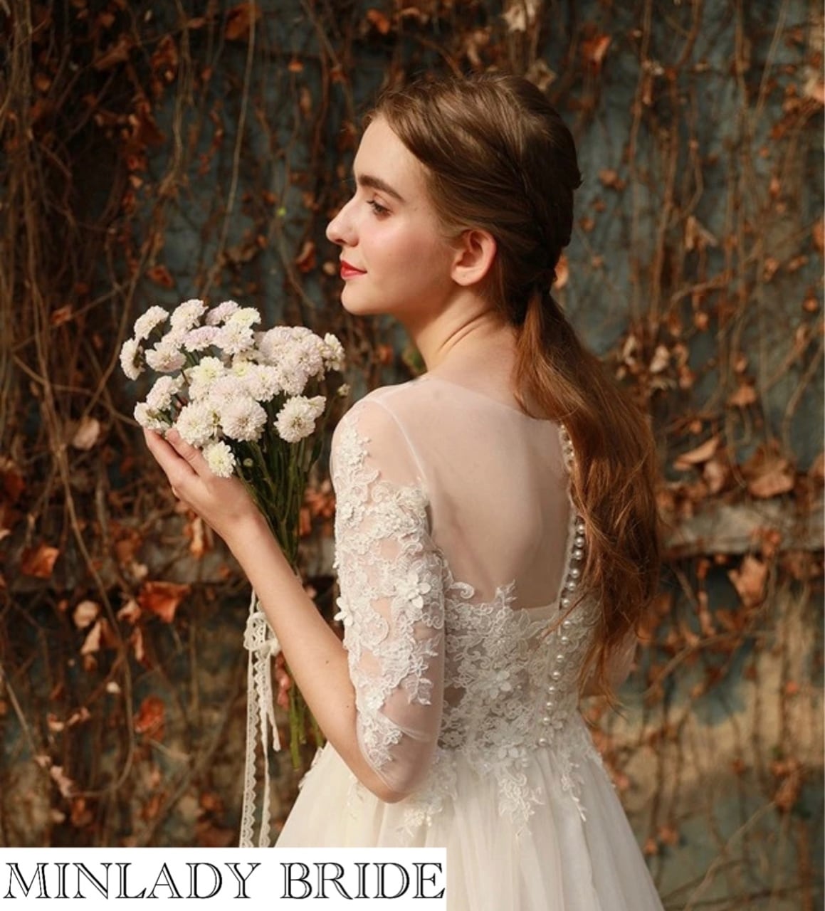 七分袖 刺繍レース ウェディングドレス | MINLADY BRIDE