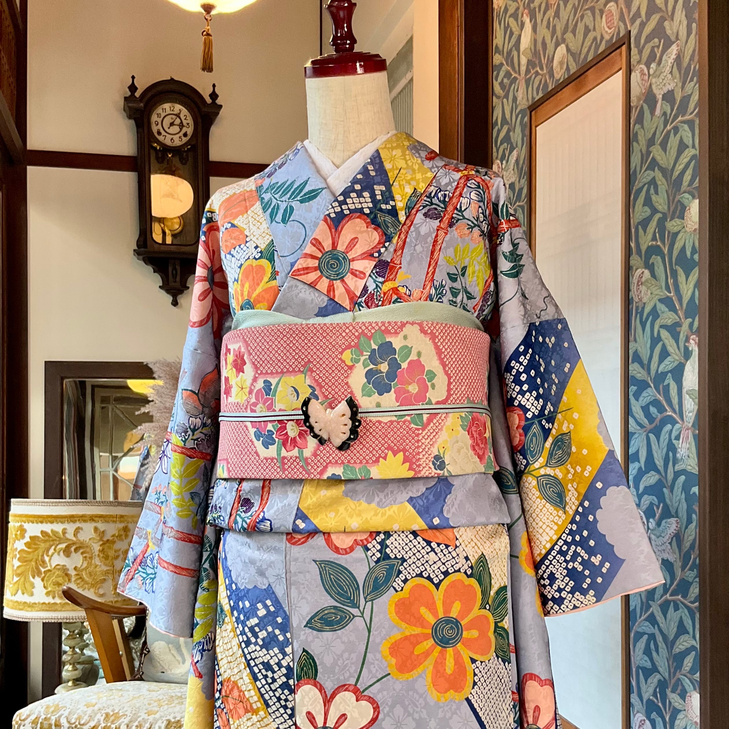 霞空に藤と桜＊水色 ブルー 春 花 アンティーク小紋着物 B056 | kimono