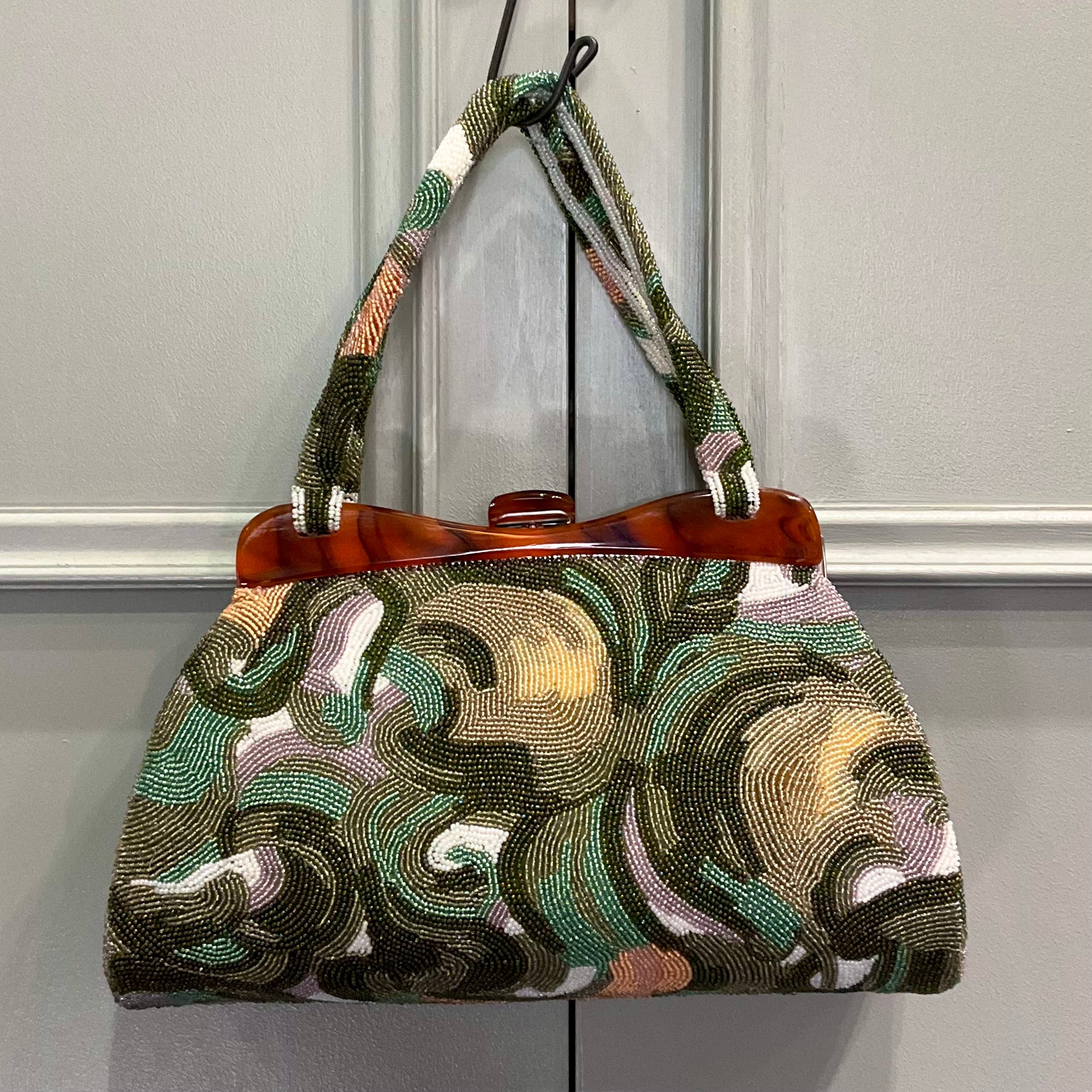 美品 総ビーズ ハンドバッグ 花柄 べっ甲 浴衣や 美品 総ビーズ