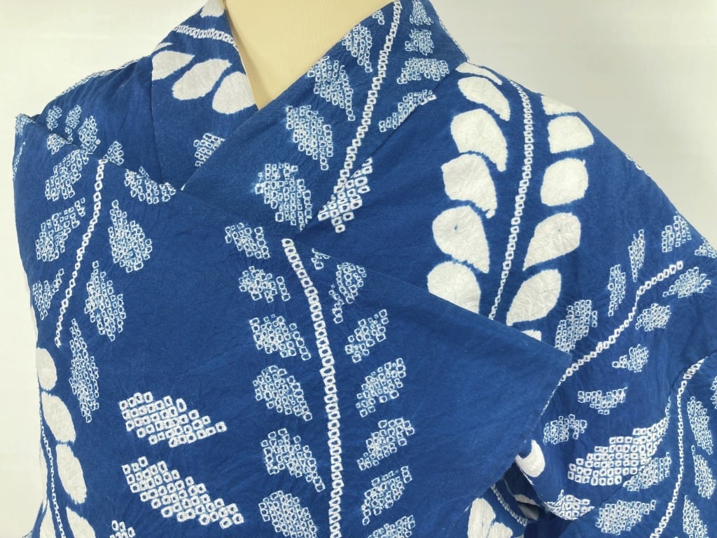 有松絞り【浴衣】希少品 藤の花 綿 夏着物 有松鳴海絞り 青 白 群青色