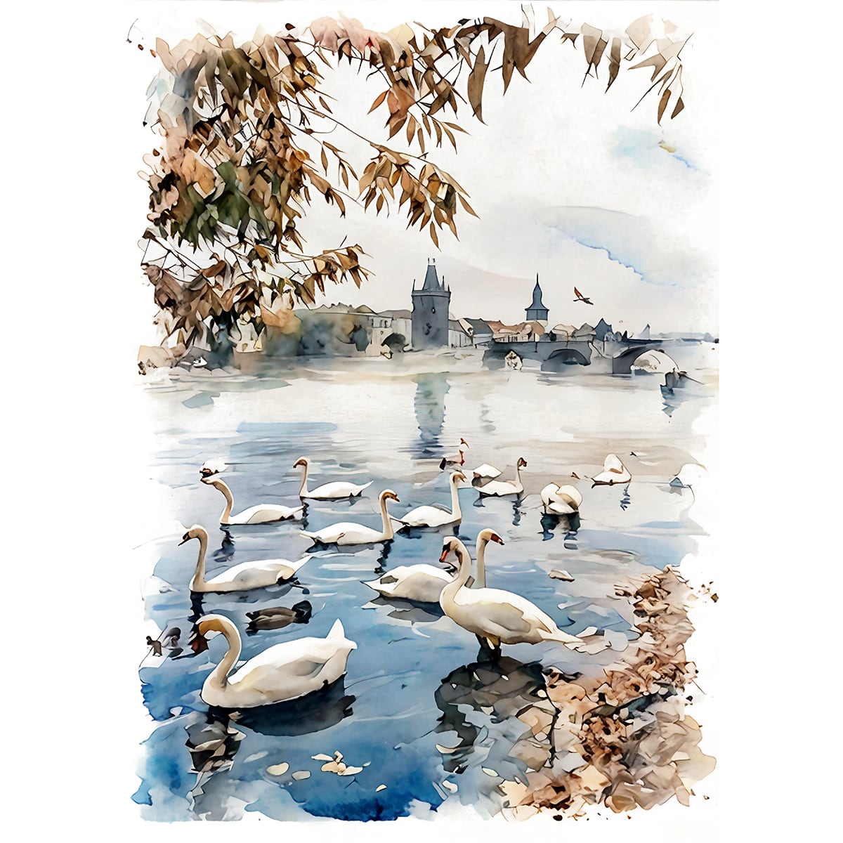 絵画 風景画(街並み) 秋 チェコ モルダウ川を泳ぐ白鳥 インテリア