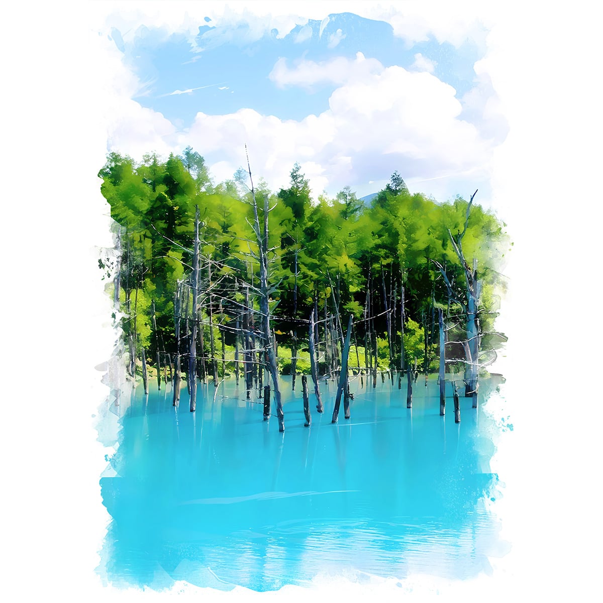 絵画(風景画) 日本 北海道 美瑛町 白金の森 青い池 インテリアアート額